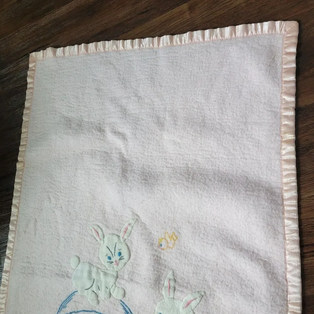Vintage Pastel Pink Baby Blanket Applique Bunnies Mushroom Bird flower satin tri